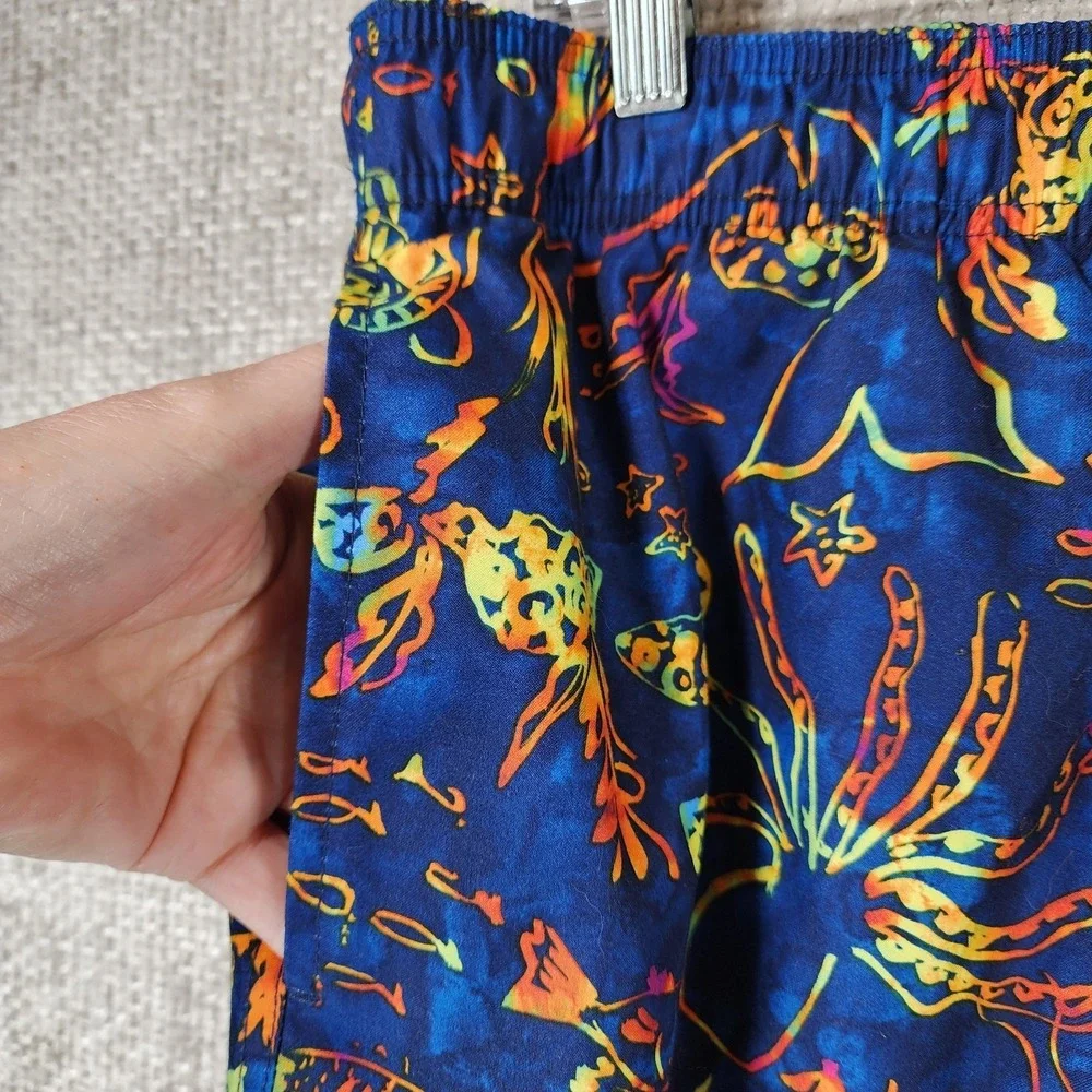 Lands End Elastic Waist Swim Shorts Mens L (36-38) Navy Sea Creatures Lined EUC